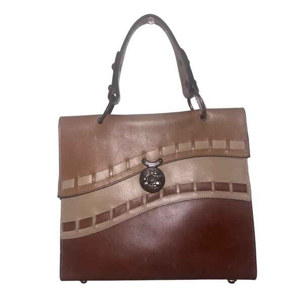 Mahler California Handbags - Mahler California Brown & Beige Leather Handbag With Woven Detail & Metal Clasp